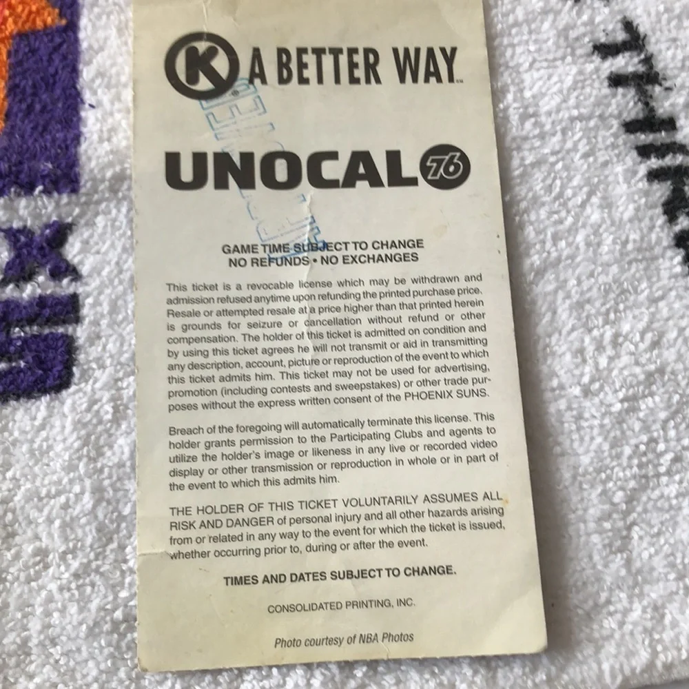 Phoenix suns towel, with Dec 4 1996 and Partial 1998 ticket stubs